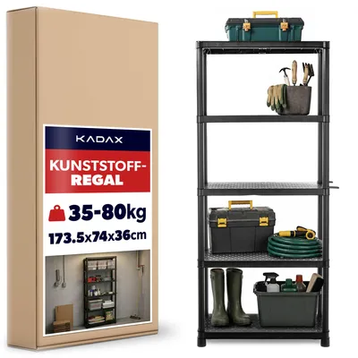 Obrázek produktu pro Regál KADAX pro těžké břemena 174 x 74 x 36 cm, plastový regál do sklepa, skladovací regál, plastový regál s 5 policemi, sestavovací regál do dílny, sklepa a garáže, regál do dílny