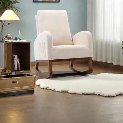Image de Fauteuil à bascule - Fauteuil à bascule sans repose-pieds - Fauteuil pour salon - Fauteuil à bascule beige - Revêtement doux