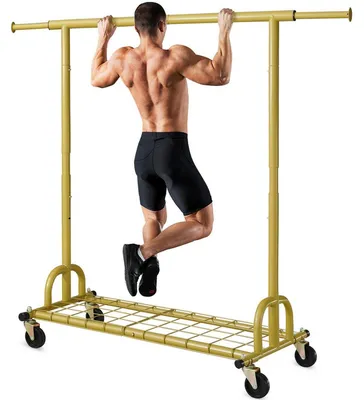 Image de Porte-vêtements robuste, charge maximale 200 kg, finition dorée, réglable, largeur 128,7-189 cm, hauteur 166,8-179,8 cm, avec roulettes