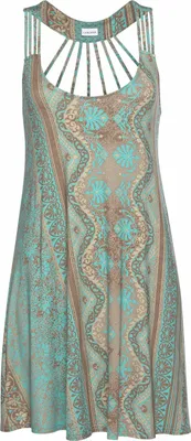 Produktbild von LASCANA Strandkleid mit toller Rückenansicht und Alloverdruck, Minikleid in A-Form türkis-bedruckt Größe 40