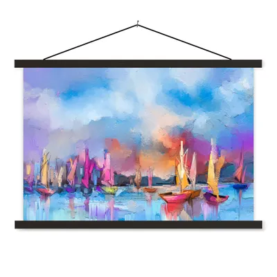 Produktbild von MuchoWow® Textilposter Malerei - Boote - Wasser 90x60 cm mit schwarzem Rahmen - Aufhängungssatz
