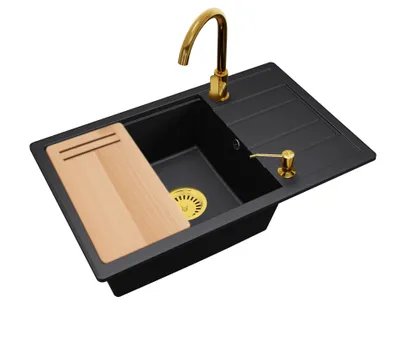 Produktbild von BRADO ZIRCON 8010 Granitspüle mit einem Becken und Abtropffläche – Set mit Schneidebrett, Siphon, Küchenarmatur und Spülmittelspender