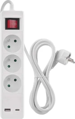 A white power strip with three outlets, a red power switch, and two USB ports, along with its white power cord and plug, is displayed against a white background.