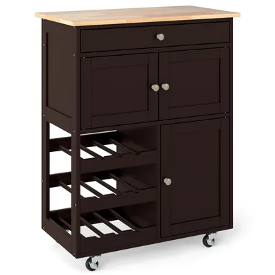 A dark brown kitchen cart with a wooden top and wine rack.