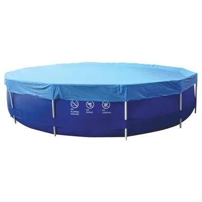 A blue round above-ground swimming pool covered with a light blue tarp.