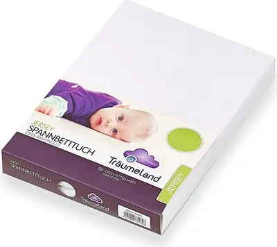 A product package for a baby fitted sheet, featuring an image of a baby.