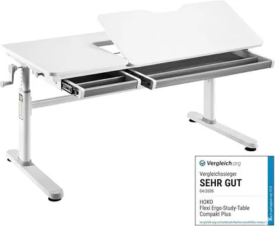 Produktbild von Kinderschreibtisch Höhenverstellbar, Schreibtisch Kinder 120x60 cm, Kinderschreibtische Kinder ab 6 Jahren, Neigbare Tischplatte mit Schubladen, Verstellbar 54-76cm (Weiß, ELIN)