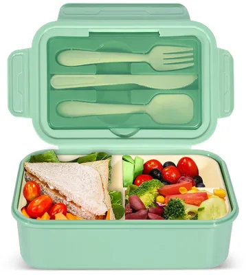 Bento-Box 1400 ml, 3 Fächer, mikrowellengeeignet, spülmaschinenfest, grün