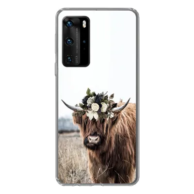 Produktbild von MuchoWow® Handyhülle Schutzhülle Hülle für Huawei P40 Pro Schottischer Highlander - Blumen - Tiere Silikon Softcase Handy Hülle - Schutz