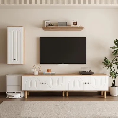 Image de Buffet, meuble TV, ensemble 3 pièces, étagères murales, blanc et bois clair, 170x40x50 cm