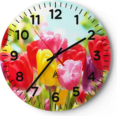 Produktbild von Wanduhr - Rund - Glasuhr - Tulpe Blume Garten Plantage - 40x40cm - Schleichendes Uhrwerk - Lautlos - zum Aufhängen bereit - Dekoration Modern - Wanddekoration aus Glas - C4AR40x40-2466