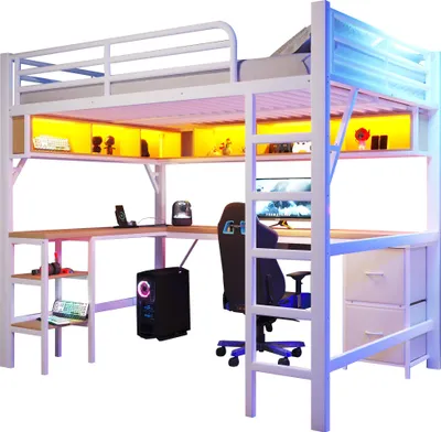 Produktbild von Hochbett mit Schreibtisch, Lattenrost, Regal, LED, Steckdosen, USB und Schubladen, 140x200cm, Jugendbett, Metallbett