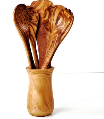 Produktbild von Set aus Olivenholz Köcher, taillierte Form, mit 5 x Küchenhelfern a 30 cm
