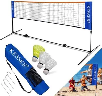 Produktbild von Famanu Badmintonnetz - Höhenverstellbar 107/120/155cm, Set mit Netz, 3 Shuttleballs, Tragetasche
