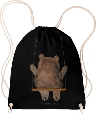 Produktbild von Mr. & Mrs. Panda Turnbeutel Bär Schaukel - Schwarz - Geschenk, wander rucksack, Jutebeutel, Stoffbeutel, Teddy, sporttasche klein, gymnastiktasche