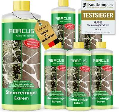 Produktbild von ABACUS® Steinreiniger Extrem, intensiver Steinreiniger für außen mit Sofortwirkung, entfernt sofort Schmutz, Grünbelag & Flechten auf Steinen 6x 1L