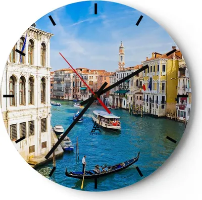 Produktbild von Wanduhr - Rund - Glasuhr - Venedig Kanal Kreuzfahrt Gondel - 30x30cm - Schleichendes Uhrwerk - Lautlos - zum Aufhängen bereit - Dekoration Modern - Wanddekoration aus Glas - C3AR30x30-0428