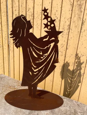Produktbild von Gartenfigur Sterntaler Mädchen fängt Sterne 64cm auf Platte Edelrost Gartendeko Wetterfest Rost Metall Rostfigur