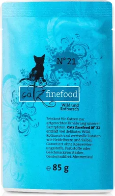 Produktbild von Catz finefood N° 21 - Wild & Rotbarsch, Adult, Fisch, 85 g, Getreidefrei, Ohne Soja, Ohne künstliche Farbstoffe