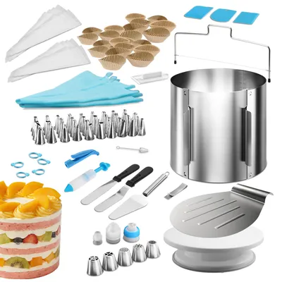 Produktbild von Lindenstein Torten-Zubehör-Set 144 Teile – Backzubehör mit verstellbarem Tortenring 15 cm hoch, Tortenschneider, Tortenheber, Streichwerkzeug, drehbarer Tortenplatte und XXL Torten-Deko-Set