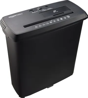 Produktbild von Amazon Basics Streifenschnitt Aktenvernichter für bis zu 8 Blatt (neues Modell), für Papier, CDs und Kreditkarten, Schwarz