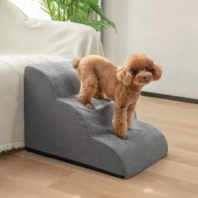 Immagine prodotto di Scala per cani di piccola taglia, per letto e divano, 3 gradini (altezza 40 cm, grigia), con rivestimento antiscivolo e tappetino lavabile