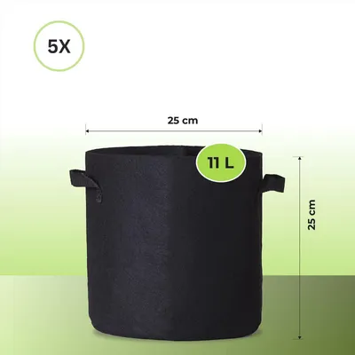 Produktbild von Pflanzsack mit Henkeln Grow Pot Bag Pflanztasche Pflanzbehälter 11 Liter – 5 Stück atmungsaktiv & wiederverwendbar