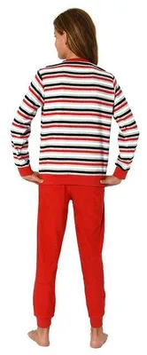 Produktbild von Mädchen Frottee Pyjama in Ringel-Optik, warmer Schlafanzug mit Bündchen in tollen Farben ; rot1 , 128