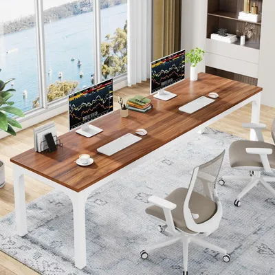 Immagine prodotto di Scrivania/Tavolo per computer, dimensioni 200 x 70 x 75 cm, tavolo lungo a due postazioni per 2 persone, in legno di noce