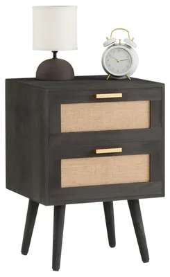 Produktbild von Nachttisch WAMAN mit 2 Schubladen, Nachtkommode aus Paulownia Holz und Jute Geflecht, Nachtschrank im Retro Design in schwarz, Boho