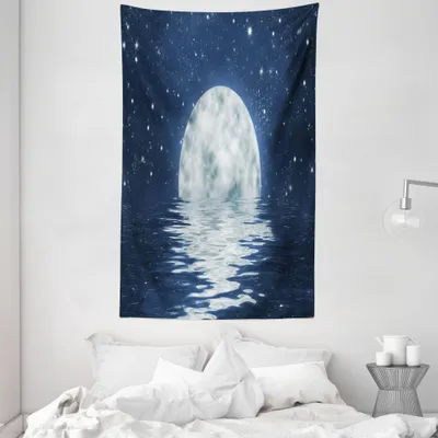 Produktbild von ABAKUHAUS Mond Wandteppich und Tagesdecke, Mond-Einstellung über Meer aus Weiches Mikrofaser Stoff Waschbar ohne Verblassen Digitaldruck, 140 x 230 cm, Nachtblau Weiß