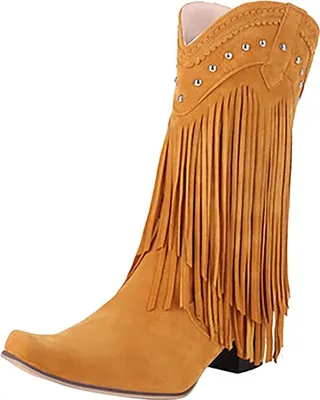 Produktbild von ASKSA Damen V Cut Elegant Niet Quaste Retro Stiefeletten, Gelb, Größe: 37