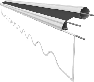 A close-up, angled view of a rolled-up awning fabric with a dark gray stripe and a wavy white edge.