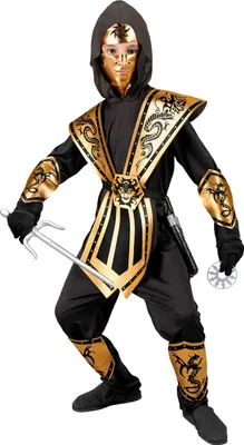 Productafbeelding van Gouden Kombat ninja-kostuum met masker voor kinderen – maat 116-158 cm, 140 cm - 8-10 jaar