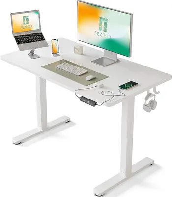 Productafbeelding van Verstelbaar bureau, elektrisch, met USB-A en USB-C oplaadpoorten, 100 x 60 cm, zit-sta bureau, sta bureau, wit