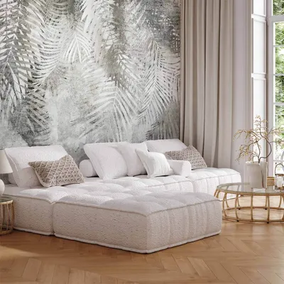 Produktbild von Selbstklebende Folie Fototapete - Light and shadow - grey and white composition with floral motif and pattern 245x175 cm Blätter b-A-10136-a-a