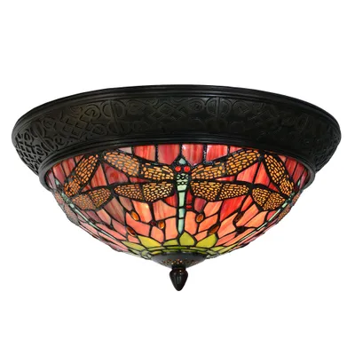Produktbild von Clayre & Eef Deckenlampe Tiffany Ø 38x19 cm Rot Grün Glas Libelle