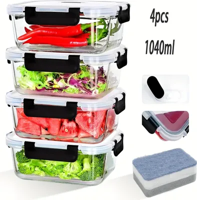 Immagine prodotto di Contenitori per alimenti in vetro - Set di 4 contenitori da 1040 ml - Coperchi ermetici - Adatti al microonde - Senza BPA - Per la conservazione degli alimenti - Coperchi neri
