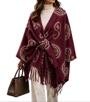Produktbild von BZNA Strickponcho in Bordeaux - Wolltuch mit Fransen - Poncho  ITALY