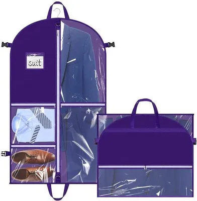 Zdjęcie produktu dla Torba na ubrania 110 x 60 cm, rozkładana, z 5 przezroczystymi kieszeniami, w kolorze fioletowym
