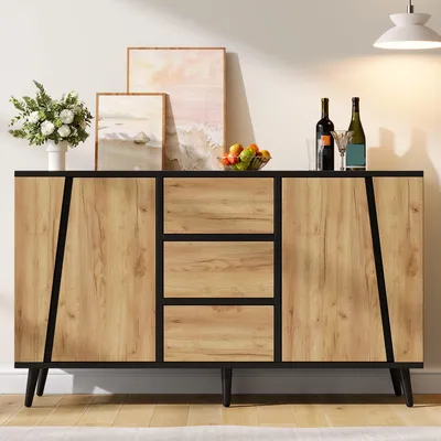 Image de Buffet Merax avec 2 portes et 3 tiroirs, commode avec 2 étagères réglables, meuble de salon au design épuré, imitation bois et noir