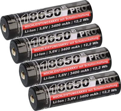 Produktbild von 4x Kraftmax 18650 Pro Hochleistungsakku Li-Ion 3,6V 3400mAh inkl. Micro-USB Ladebuchse