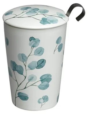 Teetasse 350 ml mit Sieb & Deckel, Eukalyptus-Design, Porzellan