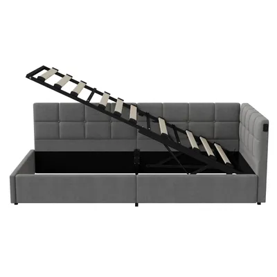 Produktbild von Fortuna Lai Polsterbett 90x200 cm, Einzelbett mit hydraulischem Stauraum, LED und USB, Multifunktionales Polster-Sofabett mit Lattenrost, ohne Matratze (Grau Samt, 90x200 cm)