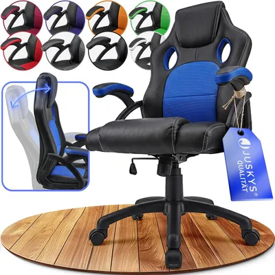 Produktbild von Juskys Racing Schreibtischstuhl Montreal (blau) - Gaming Stuhl ergonomisch, höhenverstellbar & gepolstert, bis 120 kg - Bürostuhl Drehstuhl