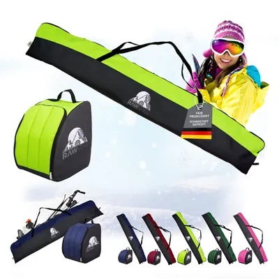 A collage of ski bags and boot bags in various colors, with a woman in ski gear holding a ski bag.