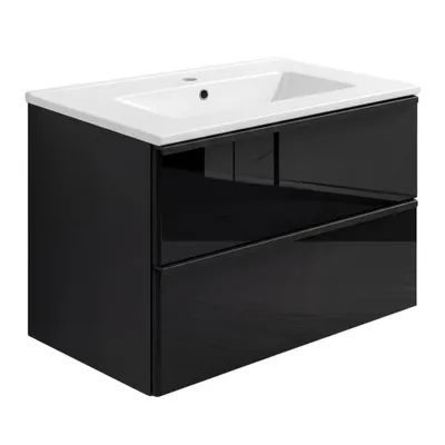 Produktbild von Waschtisch mit Unterschrank ONE mit Waschbecken 2 große Schubladen Schwarz Hochglanz 60x50x46 hängend Badmöbel Badezimmer Griffe Waschbeckenschrank
