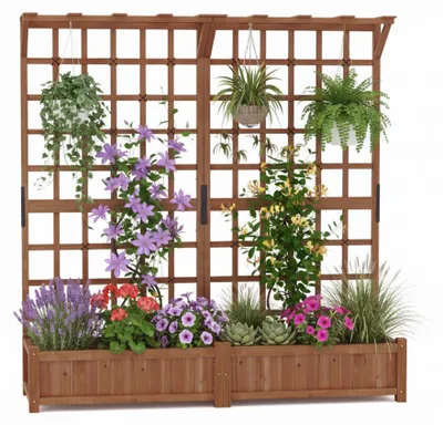 Obrázok produktu pre KOMFOTTEU – Vysoký záhradný box s mriežkou, krytom a odvodnými otvormi, výška 183 cm. Drevený, zvýšený záhradný box vhodný na pestovanie popínavých rastlín, kvetov, byliniek a zeleniny, ideálny na použitie v interiéri aj exteriéri