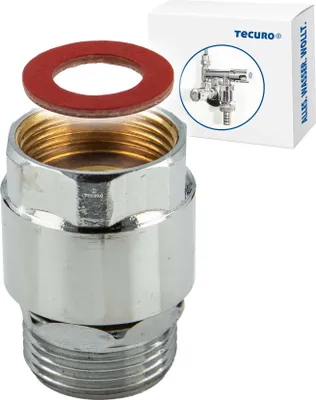 A chrome-plated pipe aerator with a red gasket is shown in the foreground, with a product box and an inset image of a faucet in the background.