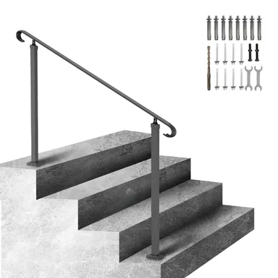 Produktbild von Treppengeländer 140x13,5x97 cm Handlauf Geländer Höhe(bis zu 48 cm) & Winkel(0-52,8°) einstellbar Eingangsgeländer Eisenhandlauf Ideal für 2 oder 3 stufige Treppen mit Installationskit Schwarz